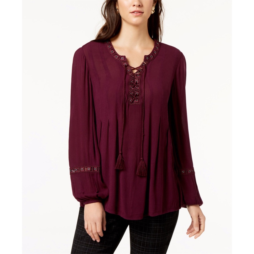 Style & Co Purple Lace Up Peasant Top Size Small